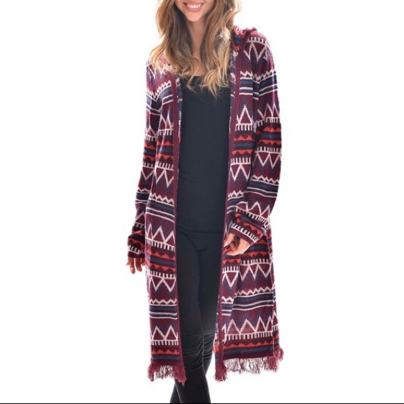 Burgundy Geometric Fringe-Trim Duster - Picture 1 of 8